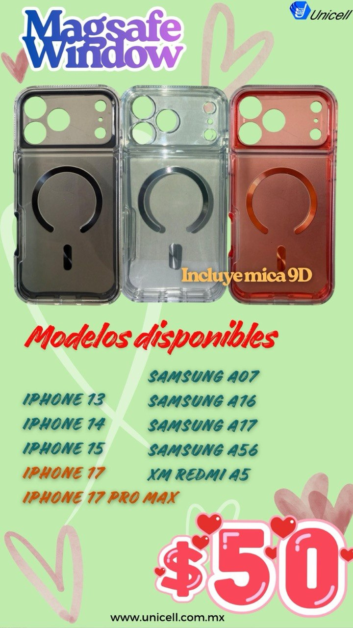 Promoción funda MagSafe Window con mica 9D a $50 — Unicell mayoreo